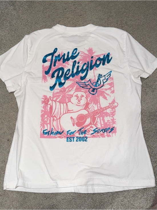 True Religion Tops - True Religion White Tee with Subtle Pink & Light Blue Print
